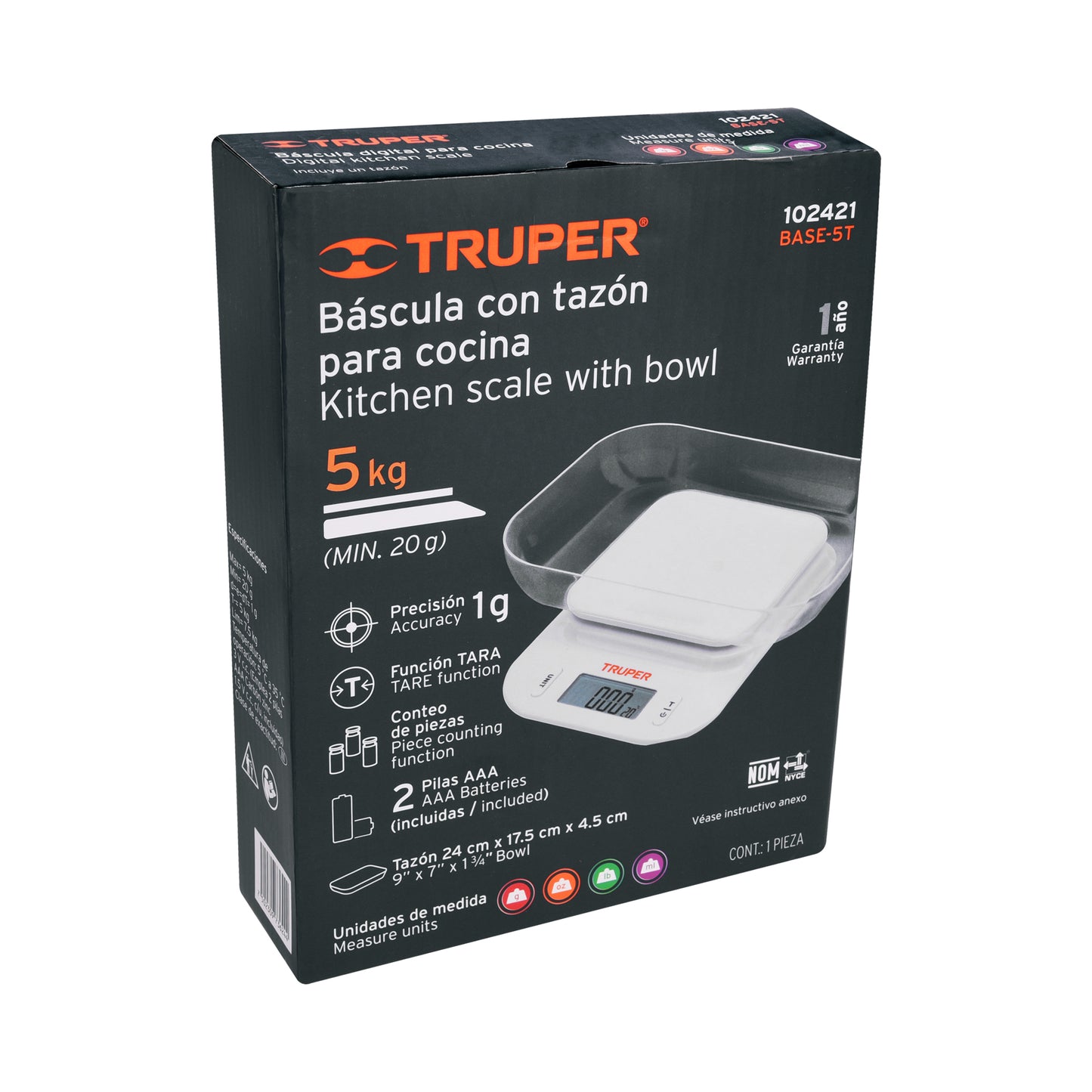 Báscula Digital de Cocina Truper 5kg con Tazón - Función TARA y Display LCD - Pesaje Preciso para Cocinar