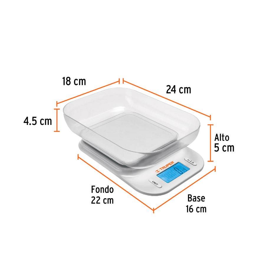 Báscula Digital de Cocina Truper 5kg con Tazón - Función TARA y Display LCD - Pesaje Preciso para Cocinar