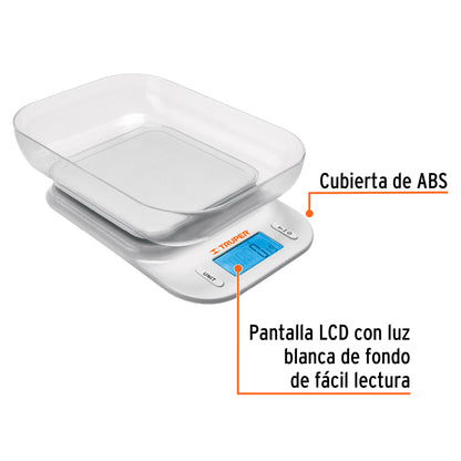 Báscula Digital de Cocina Truper 5kg con Tazón - Función TARA y Display LCD - Pesaje Preciso para Cocinar