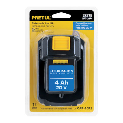 : Batería Ion Litio 20V 4Ah PRETUL - Triple Protección, LED Indicador, Compatible Herramientas Inalámbricas 20V