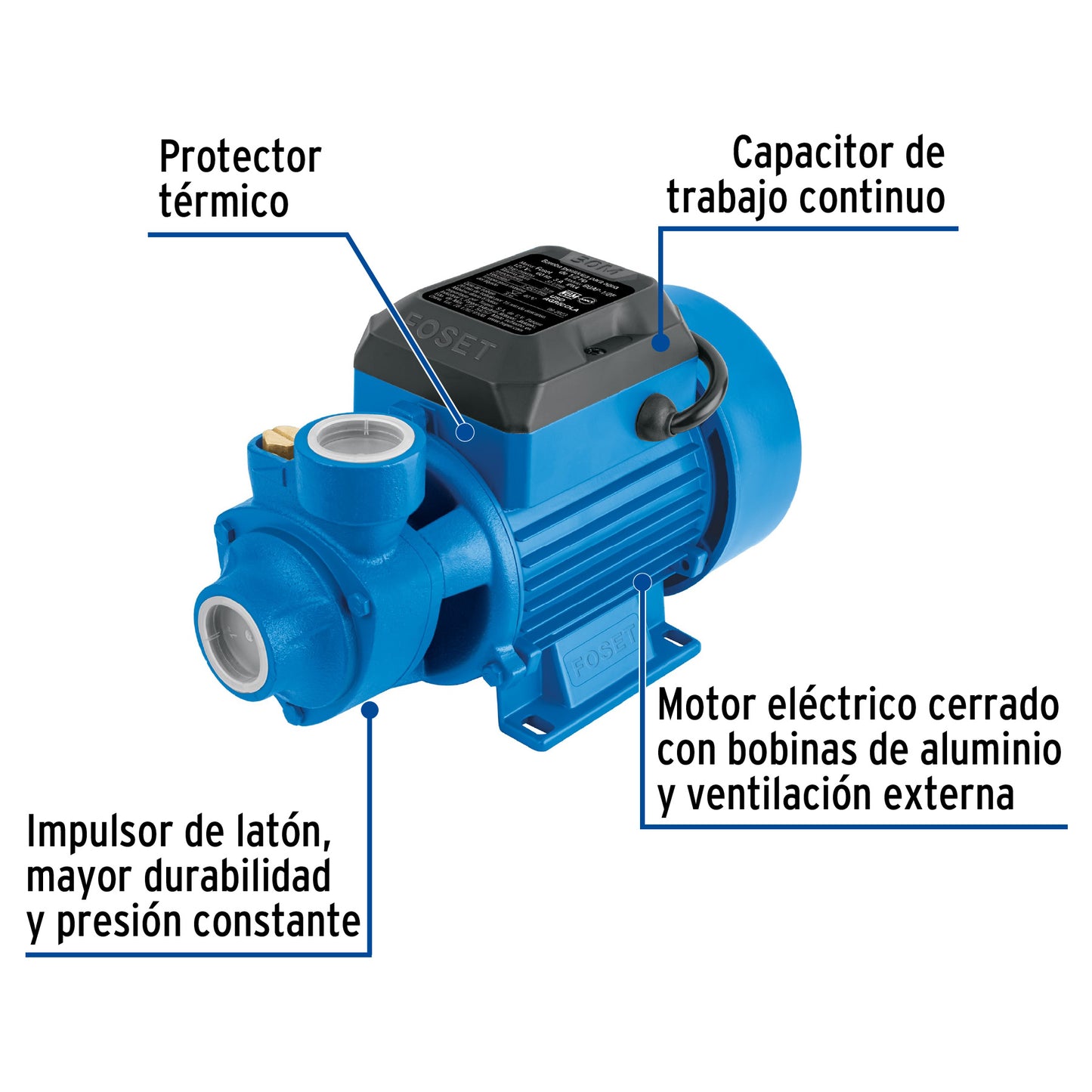 Bomba Periférica FOSET 1/2HP 30m Altura Máxima - Bombeo Agua Limpia Uso Agrícola BOAP-1/2F2