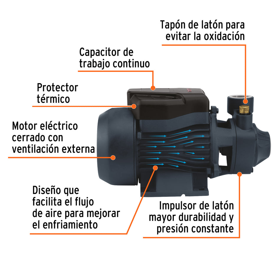Bomba Periférica TRUPER 1HP 60m Altura Máxima - Solución Profesional para Elevación de Agua Limpia Agrícola BOAP-1A2