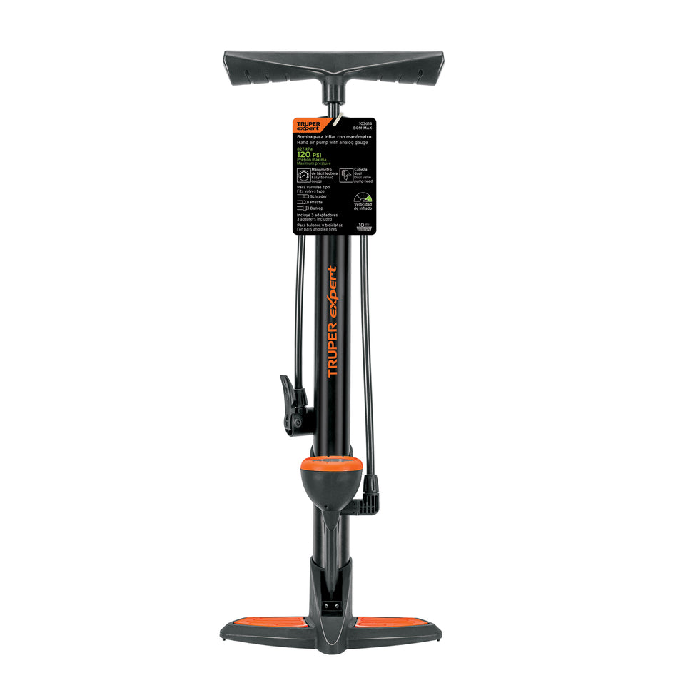 Bomba Manual con Manómetro TRUPER EXPERT 120 PSI - Inflador Universal para Bicicletas y Balones con Válvulas Presta, Schrader y Dunlop - Cuerpo Acero Carbón Antiderrapante