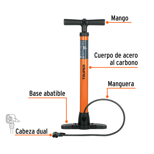Bomba Manual TRUPER BOM-TR 100 PSI - Inflador Profesional Acero Carbono para Bicicletas y Balones - Cabeza Dual Válvulas Presta Schrader Dunlop