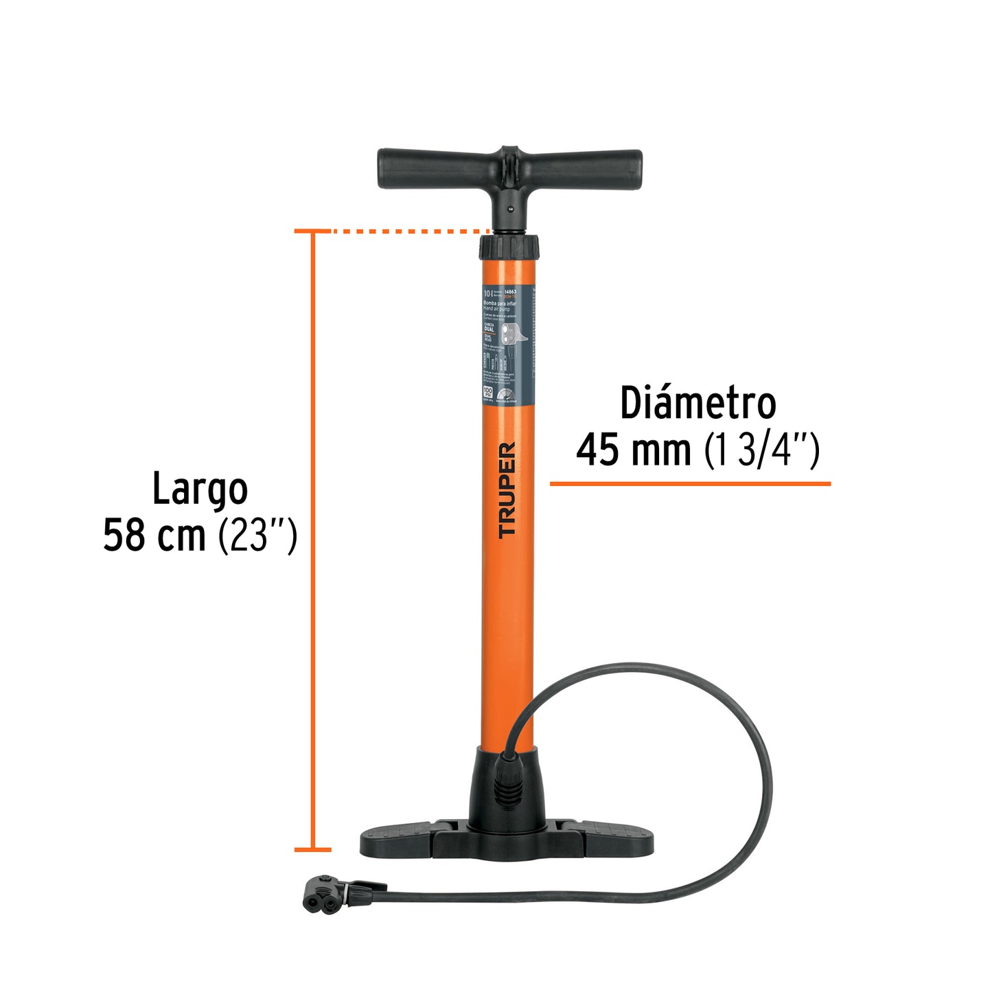 Bomba Manual TRUPER BOM-TR 100 PSI - Inflador Profesional Acero Carbono para Bicicletas y Balones - Cabeza Dual Válvulas Presta Schrader Dunlop