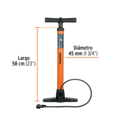 Bomba Manual TRUPER BOM-TR 100 PSI - Inflador Profesional Acero Carbono para Bicicletas y Balones - Cabeza Dual Válvulas Presta Schrader Dunlop