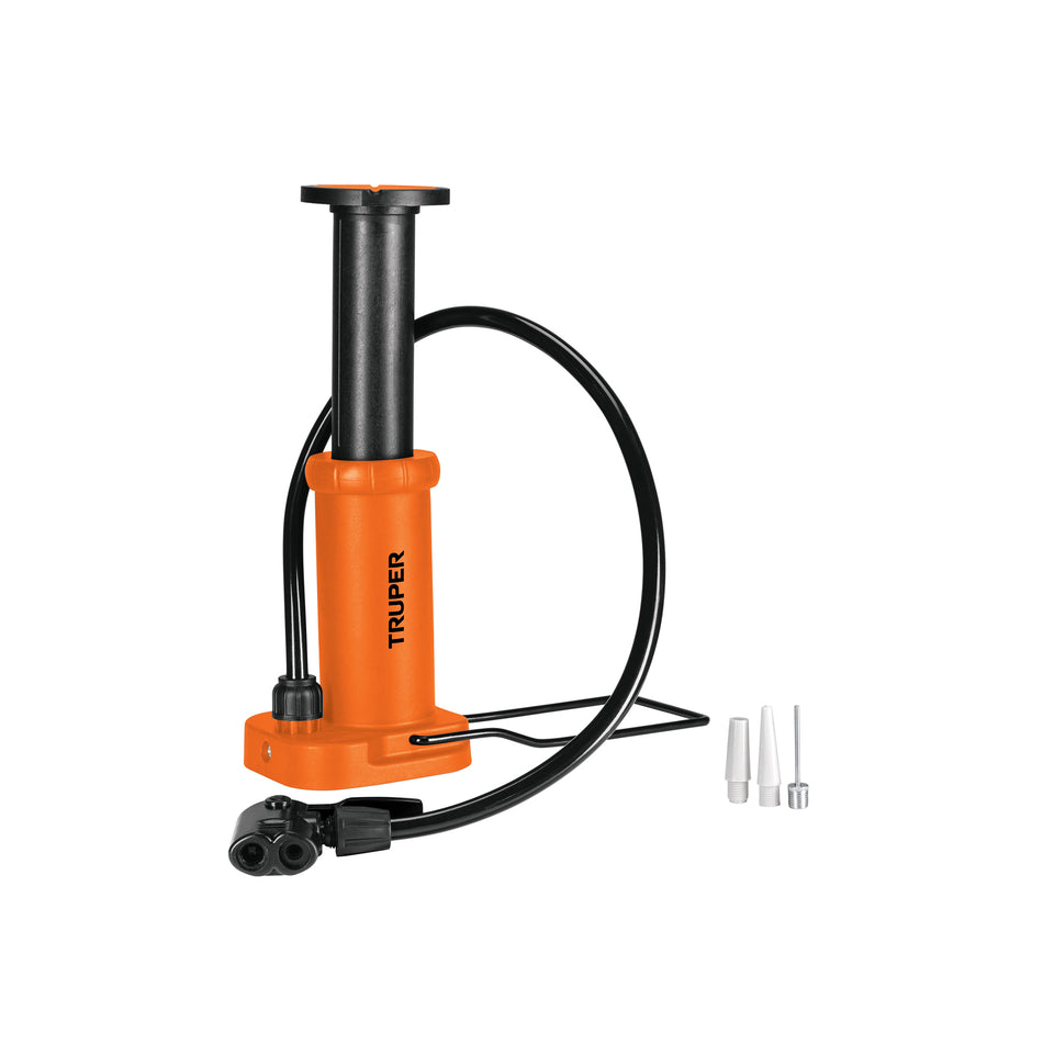 Bomba de Pedal TRUPER 60 PSI - Inflador Universal para Bicicletas y Balones con Cabeza Dual y Soporte Abatible - Solución Compacta para Inflado Rápido y Preciso
