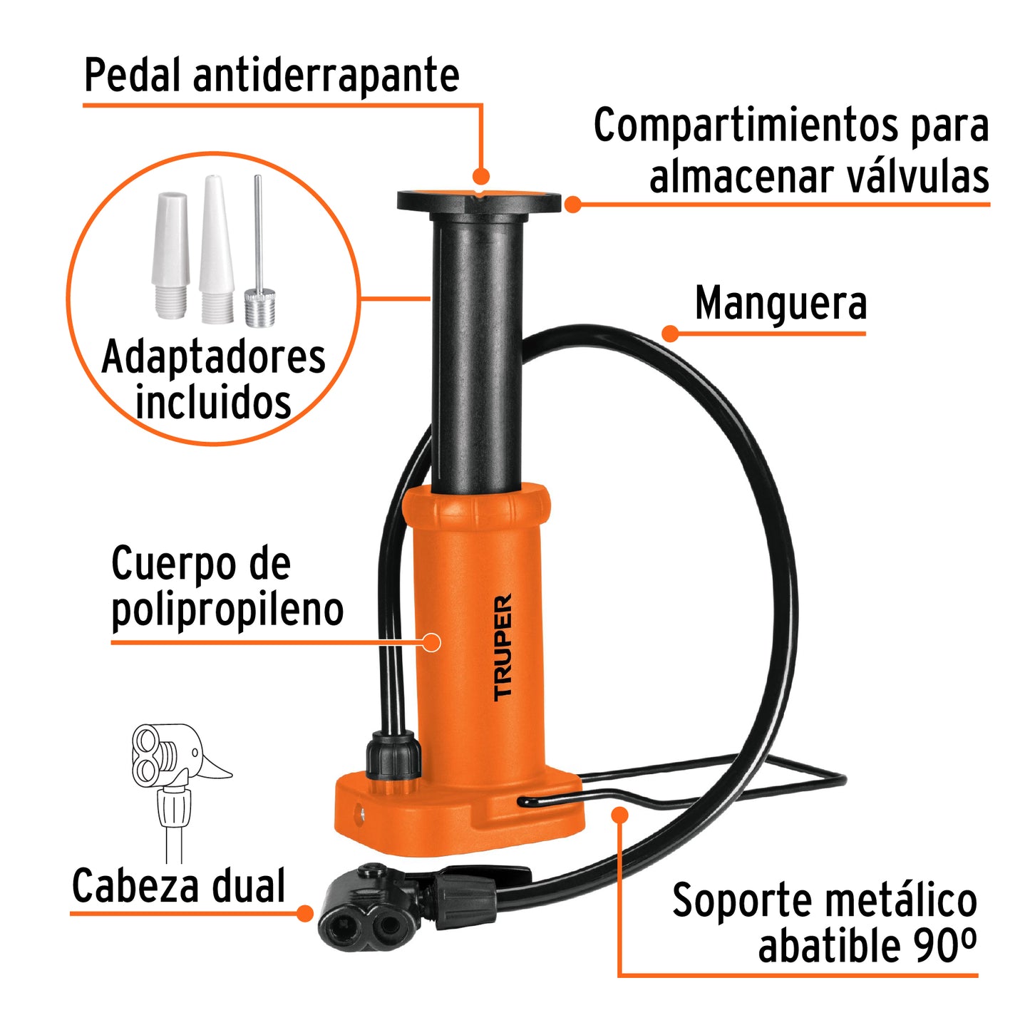 Bomba de Pedal TRUPER 60 PSI - Inflador Universal para Bicicletas y Balones con Cabeza Dual y Soporte Abatible - Solución Compacta para Inflado Rápido y Preciso