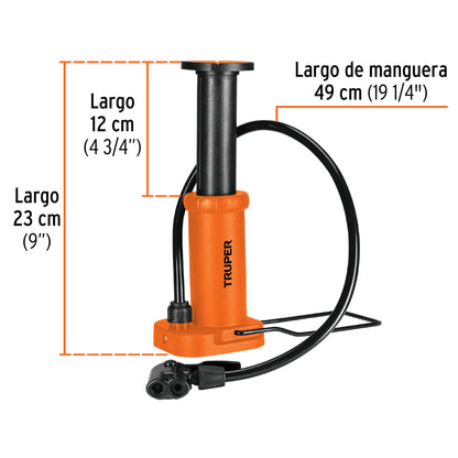 Bomba de Pedal TRUPER 60 PSI - Inflador Universal para Bicicletas y Balones con Cabeza Dual y Soporte Abatible - Solución Compacta para Inflado Rápido y Preciso