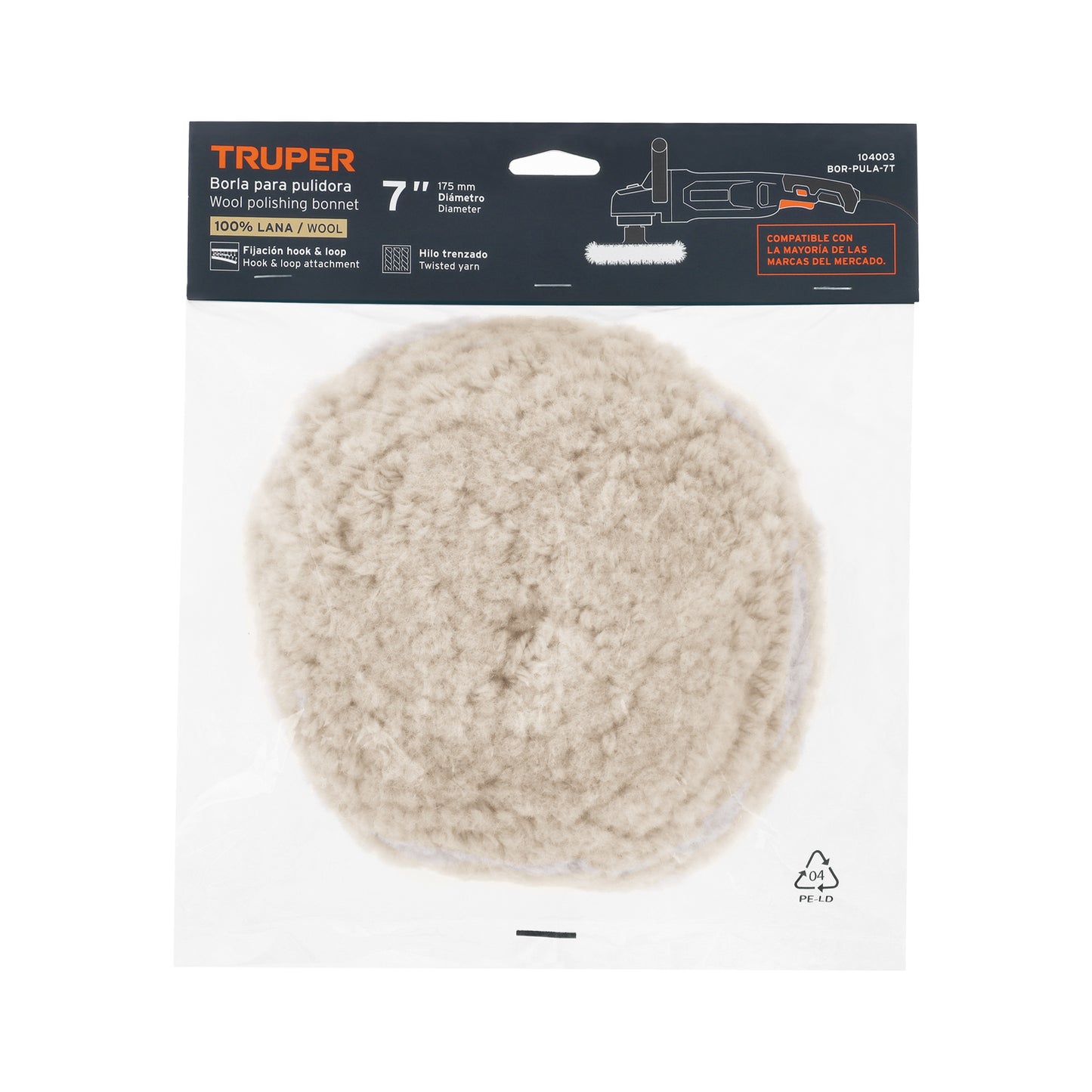 Borla para pulir lana trenzada de 7" hook and loop, TRUPER