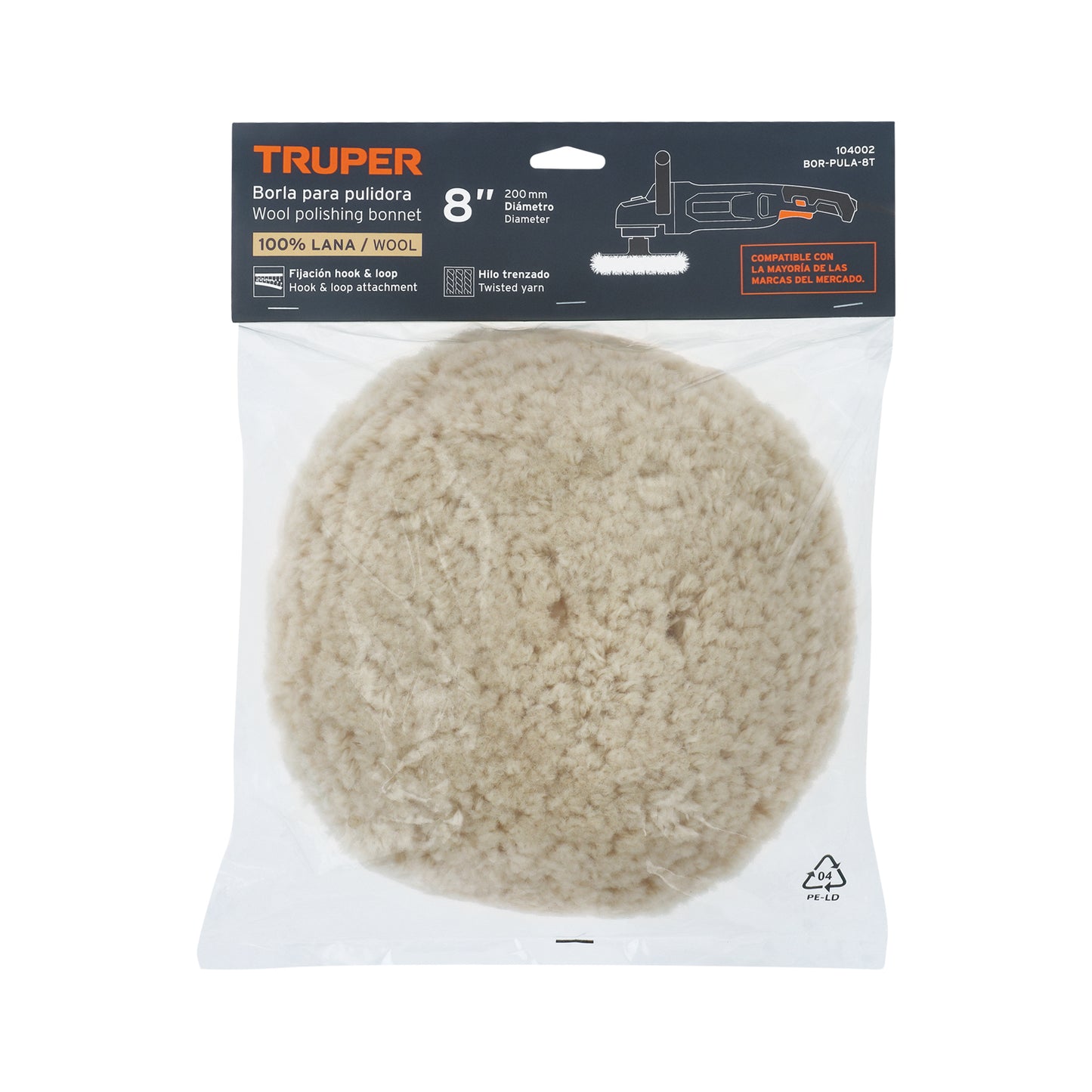 Borla para pulir lana trenzada de 8" hook and loop, TRUPER