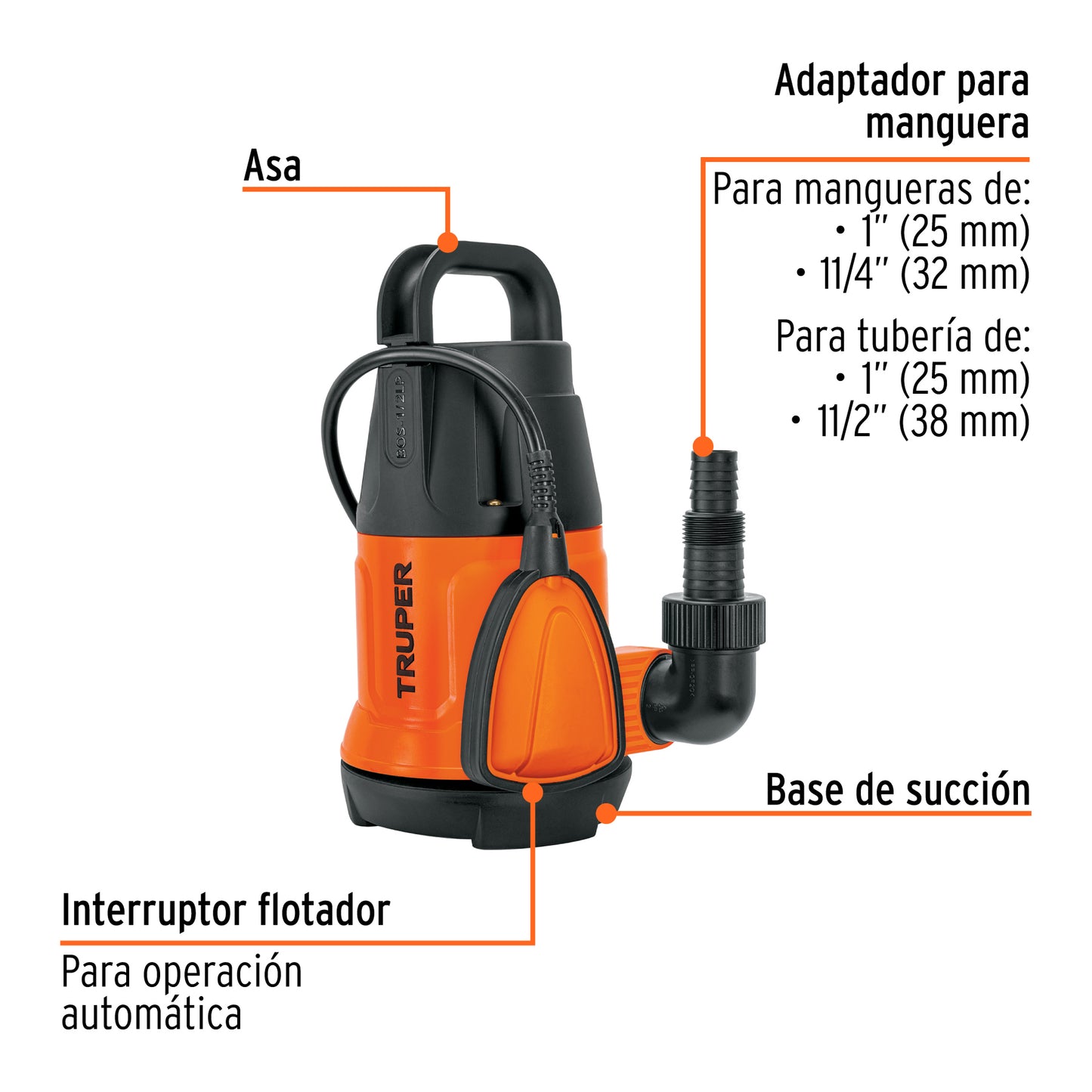 Bomba Sumergible TRUPER 1/2 HP BOS-1/2LP - Agua Limpia Doméstica Industrial - 108 L/min 8m Altura