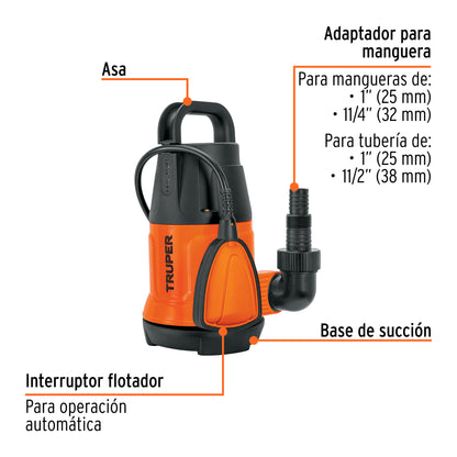 Bomba Sumergible TRUPER 1/2 HP BOS-1/2LP - Agua Limpia Doméstica Industrial - 108 L/min 8m Altura