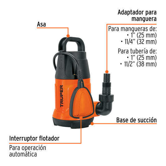 Bomba Sumergible 1 HP TRUPER BOS-1LP - Agua Limpia 208 L/min - Solución Profesional para Cisternas, Albercas y Sistemas de Circulación - 10m Altura Máxima
