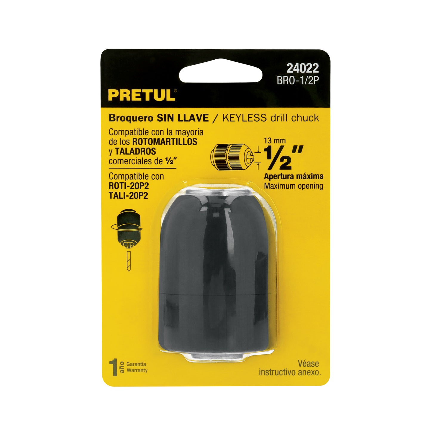 Broquero 1/2" sin llave, para máquinas inalámbricas, PRETUL