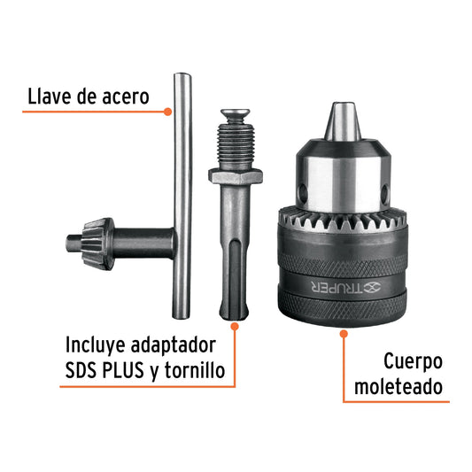 Broquero 1/2" con llave y adaptador SDS Plus, TRUPER