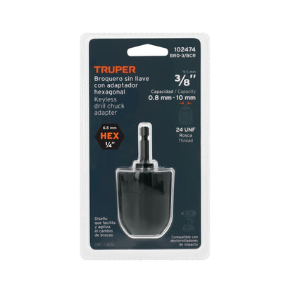 Broquero 3/8" sin llave y adaptador hexagonal 1/4", TRUPER