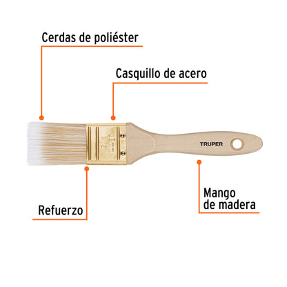 Brocha Cerdas Sintéticas 1-1/2 Pulgadas BRT-1-1/2S - Acabado Extrafino para Pintura en Madera, Concreto y Metal - Mango de Madera Profesional