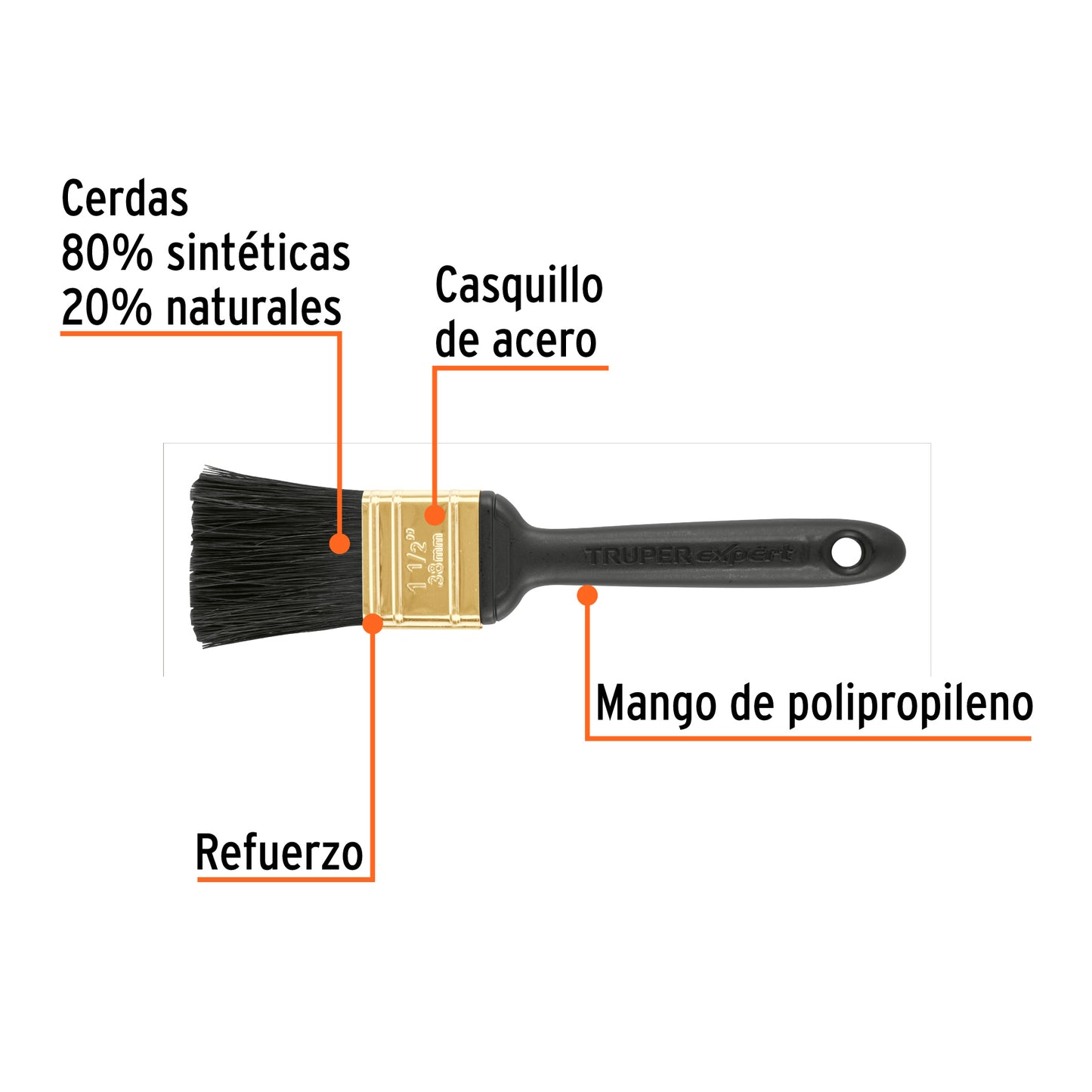 Brocha Profesional Expert 1-1/2" Cerdas Sintéticas Naturales - Pintura Uniforme Concreto Metal Madera - BRT-1-1/2X