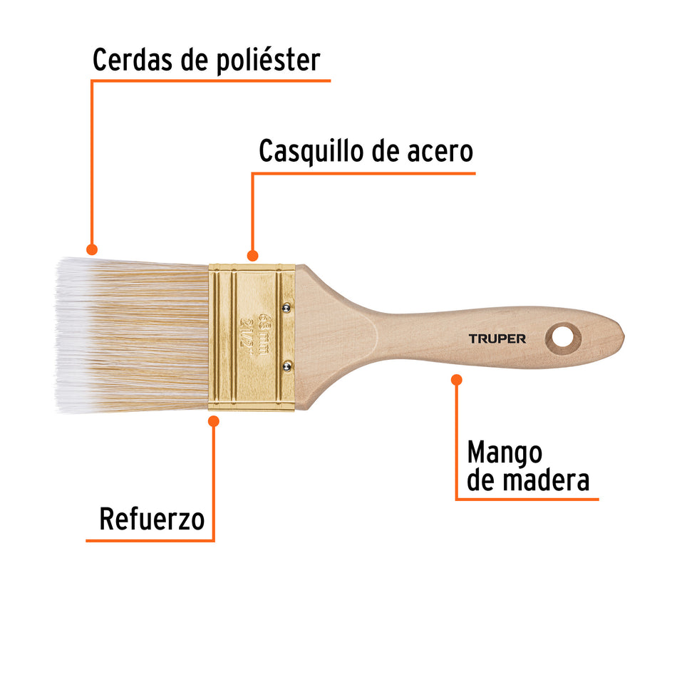 Brocha Cerdas Sintéticas 2-1/2" BRT-2-1/2S - Acabado Extrafino para Pintura en Madera, Concreto y Metal - Mango Madera