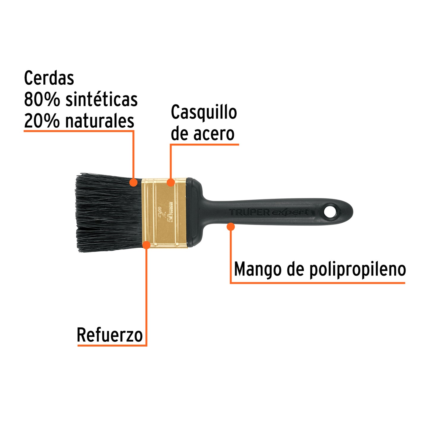 Brocha Profesional 2 Pulgadas Truper Expert BRT-2X - Cerdas Sintéticas y Naturales para Pintura Uniforme en Concreto, Metal, Estuco y Madera