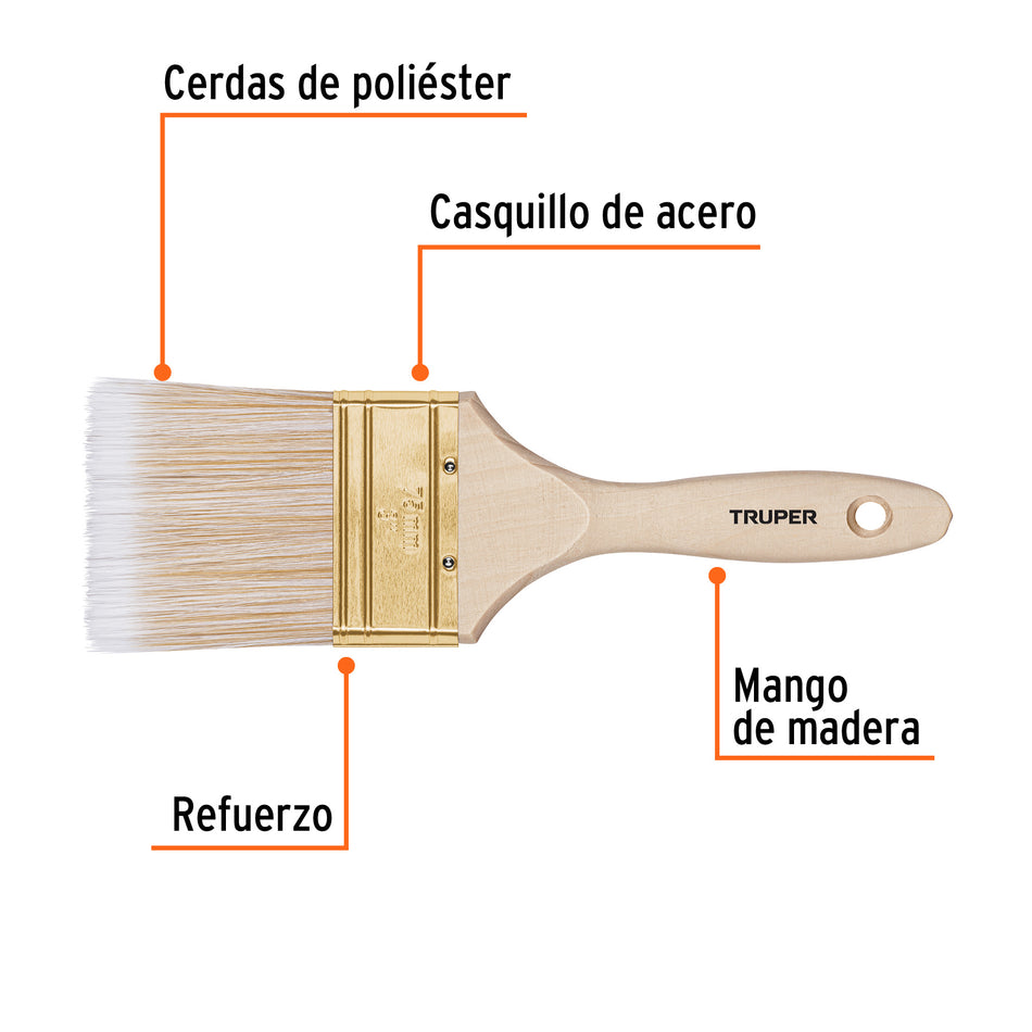 Brocha Profesional 3 Pulgadas Cerdas Sintéticas BRT-3S - Acabado Extrafino para Pintura en Madera, Concreto y Metal - Mango de Madera con Distribución Uniforme