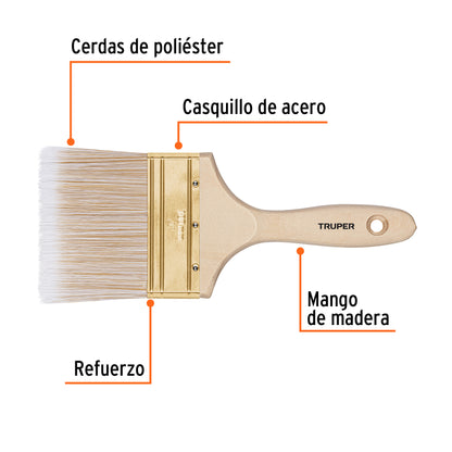 Brocha Profesional 4 Pulgadas Cerdas Sintéticas BRT-4S - Acabado Extrafino para Pintura en Madera, Concreto y Metal - Mango de Madera con Corte Recto - Solución Perfecta para Aplicación Uniforme de Pintura