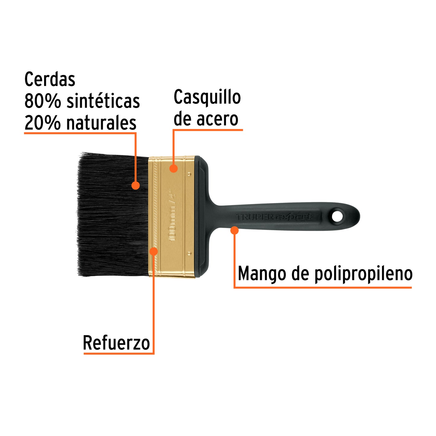 Brocha Profesional 4 Pulgadas BRT-4X Truper Expert - Cerdas Sintéticas y Naturales para Pintura Uniforme en Concreto, Metal, Estuco y Madera - Mango Ergonómico Antideslizante