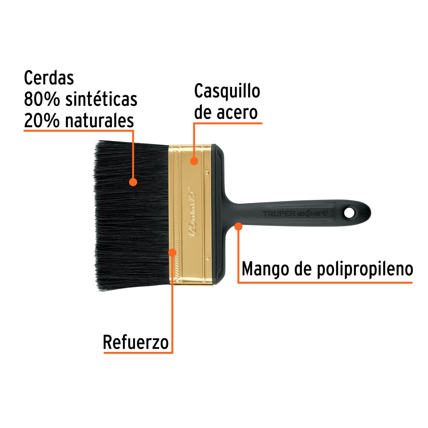 Brocha Profesional 5 Pulgadas Truper Expert BRT-5X - Cerdas Sintéticas y Naturales para Pintura Uniforme en Concreto, Metal, Estuco y Madera
