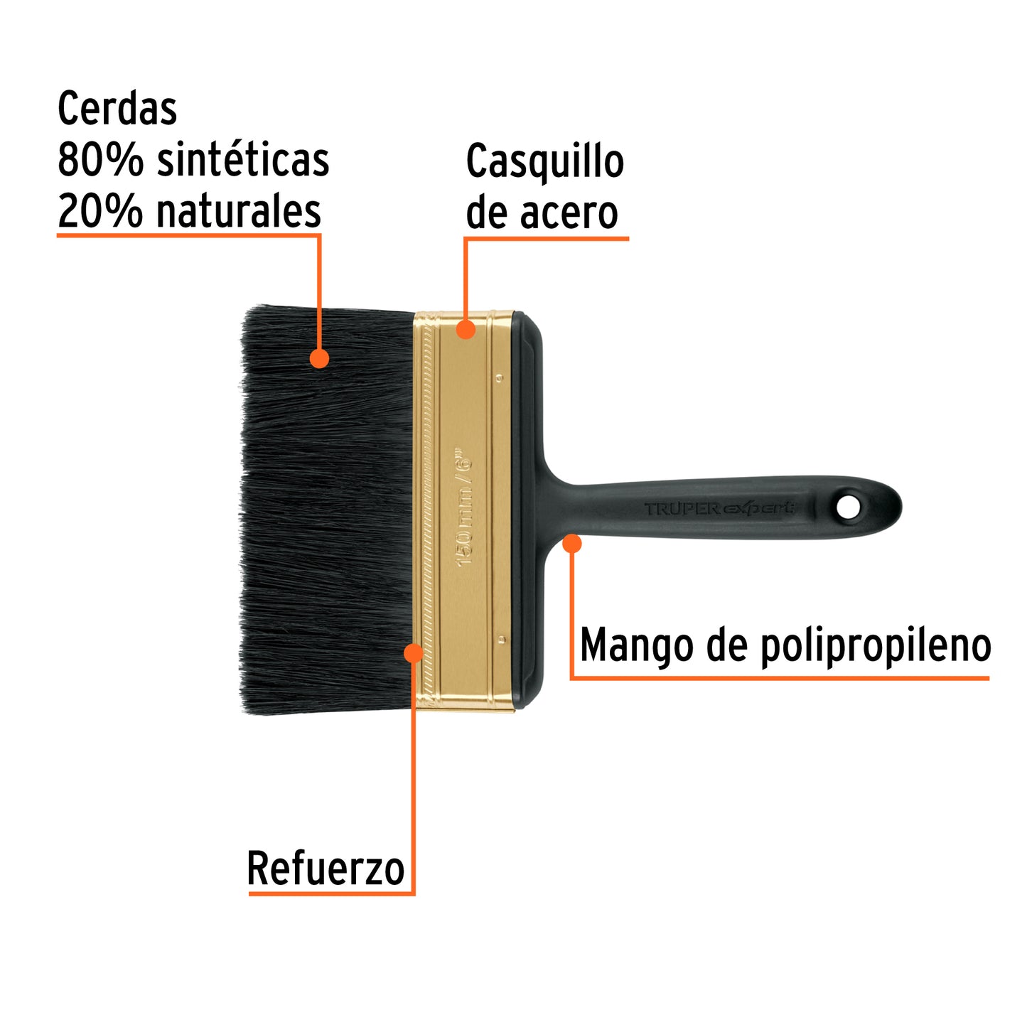 Brocha Profesional 6 Pulgadas BRT-6X Truper Expert - Cerdas Sintéticas y Naturales para Pintura Uniforme en Concreto, Metal, Estuco y Madera - Mango Antideslizante