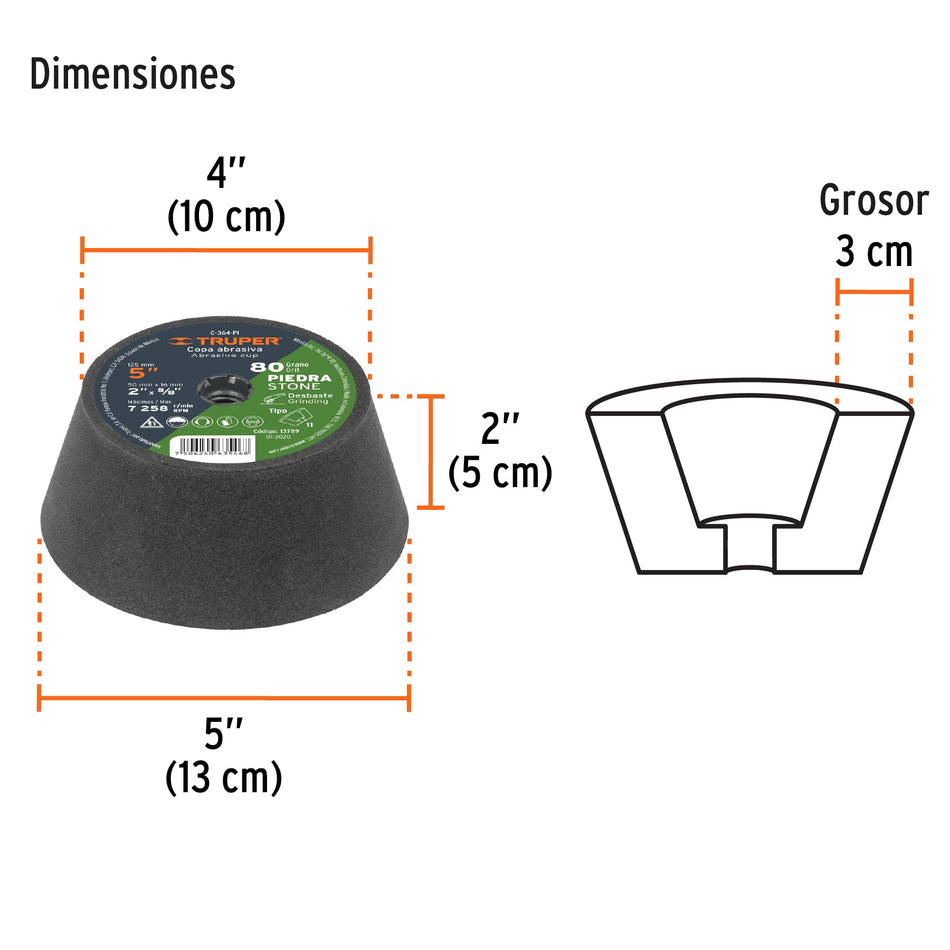 Copa desbaste de piedra 5" grano 80, eje 5/8-11, Truper