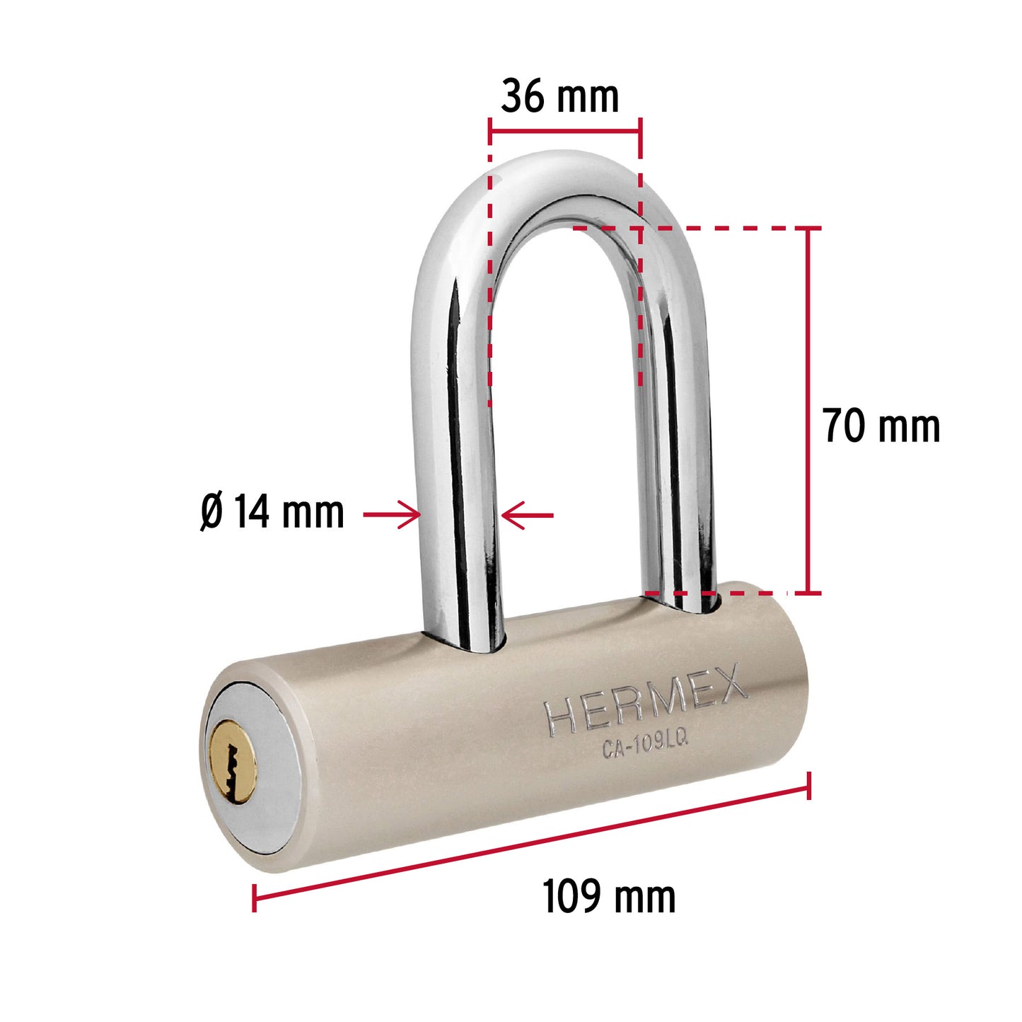 Candado de Seguridad HERMEX 109mm | Gancho Largo, Llave de Puntos