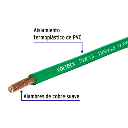 Cable THHW-LS 12 AWG Verde 100m Volteck - Instalación Eléctrica Segura Resistente Calor Humedad - Cableado Iluminación Contactos Casa