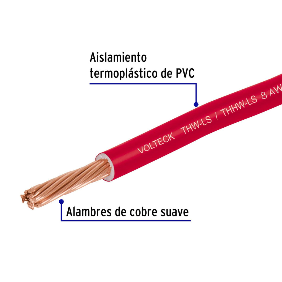 Cable THHW-LS 8 AWG Rojo 100m Volteck - Solución Profesional para Instalaciones Eléctricas Residenciales y Comerciales