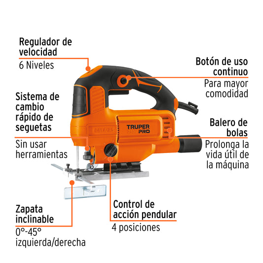 Sierra Caladora TRUPER PRO 750W Velocidad Variable - Cortes Precisos Madera Metal Plástico - Motor 5.9A Base Aluminio Sistema Pendular