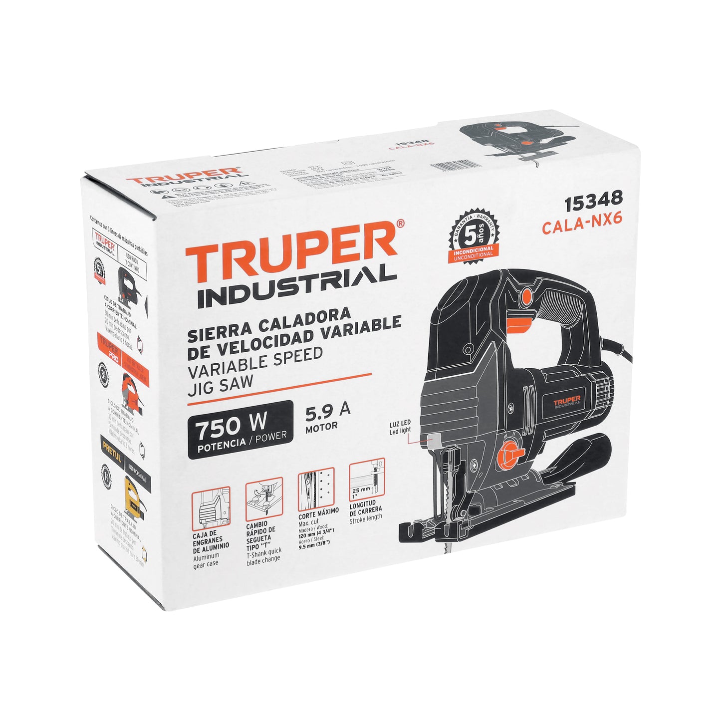 Sierra Caladora TRUPER INDUSTRIAL 750W Variable - Cortes Precisos Profesionales Madera Metal - Motor Balero Bolas LED Guía Paralela - CALA-NX6