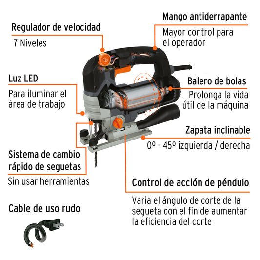Sierra Caladora TRUPER INDUSTRIAL 750W Variable - Cortes Precisos Profesionales Madera Metal - Motor Balero Bolas LED Guía Paralela - CALA-NX6