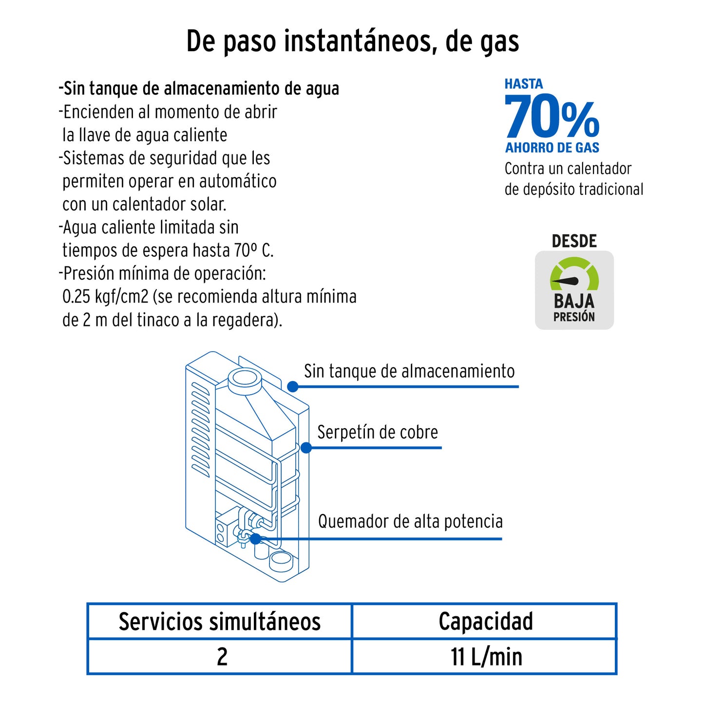 Calentador instantáneo, 11L, 2 servicios, gas LP, FOSET