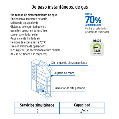 Calentador instantáneo, 11L, 2 servicios, gas LP, FOSET