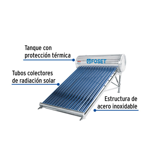 Calentador solar de agua, 15 tubos, 185 L, 5 personas, FOSET