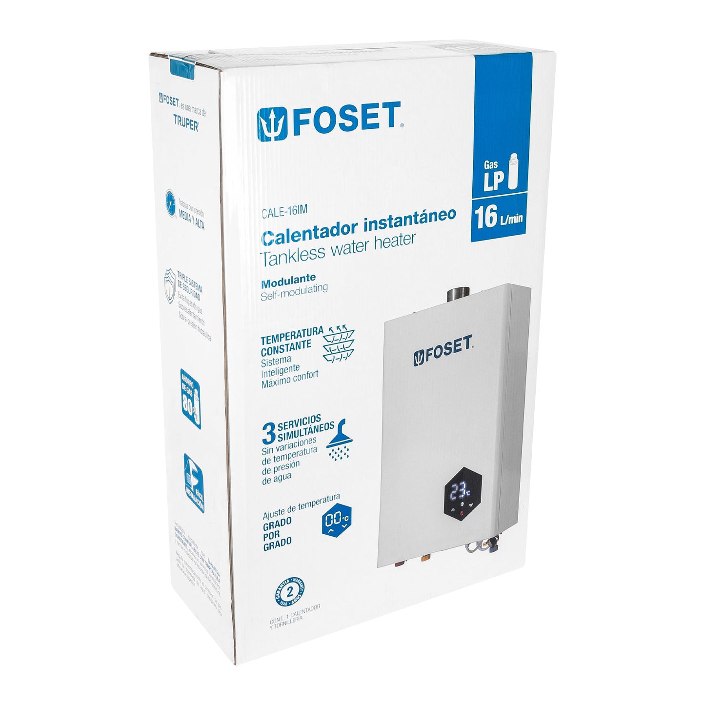Calentador instantáneo modulante, 16L, 3 serv, gas LP, FOSET