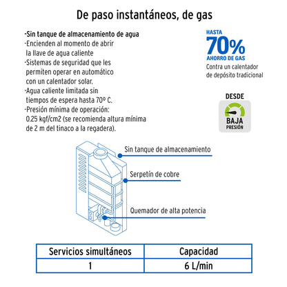 Calentador instantáneo, 6L, 1 servicio, gas LP, FOSET