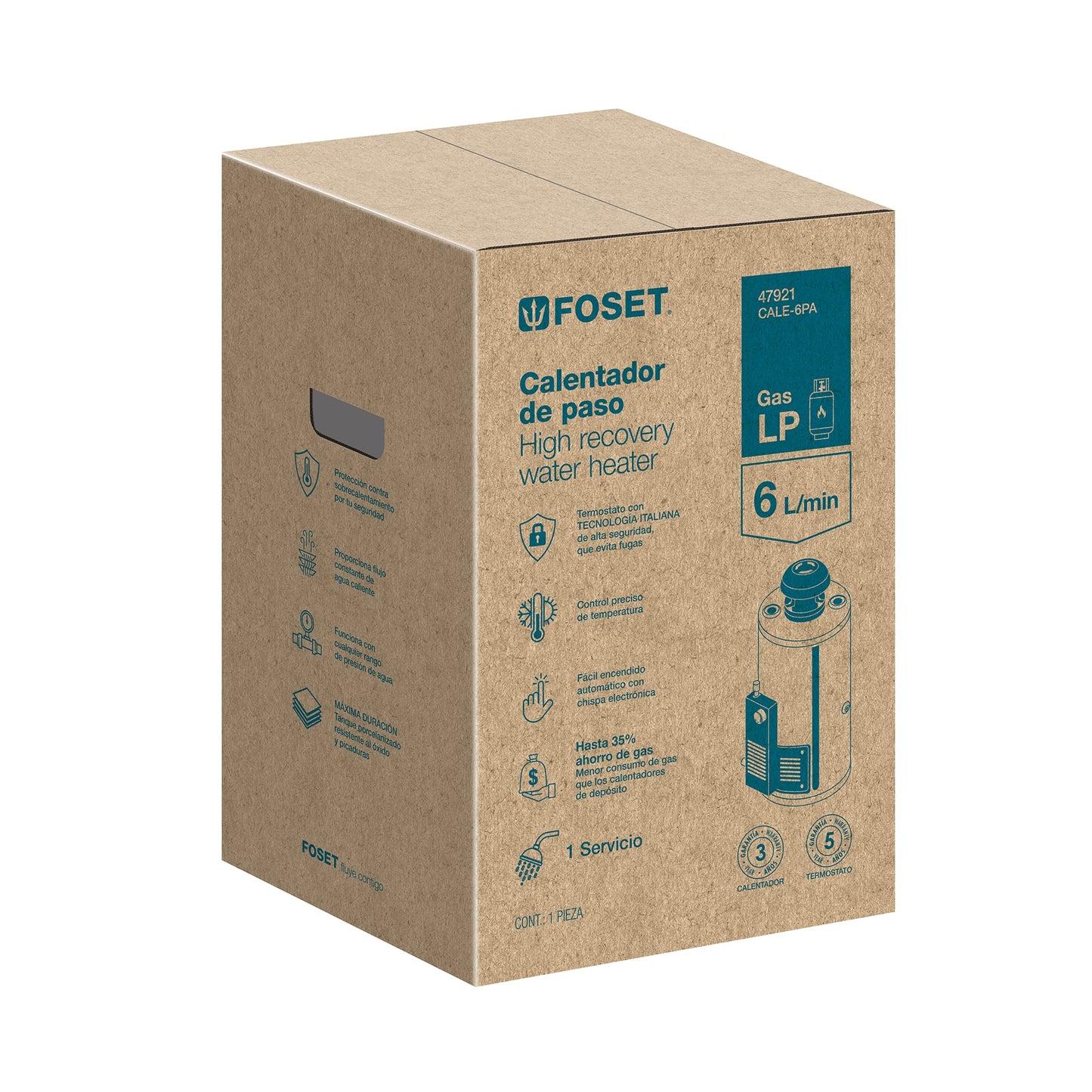 Calentador de paso, rápida recup, 6L, 1 serv, gas LP, FOSET