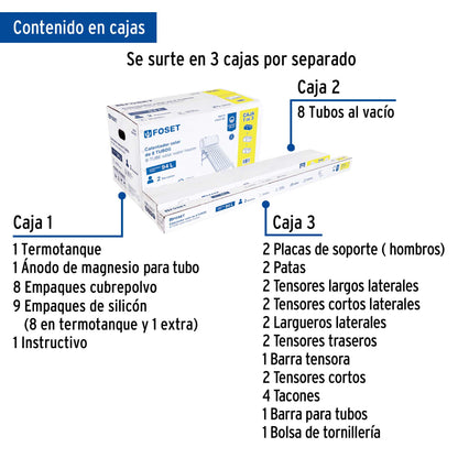 Calentador solar de agua, 8 tubos, 94L, 2 personas, FOSET