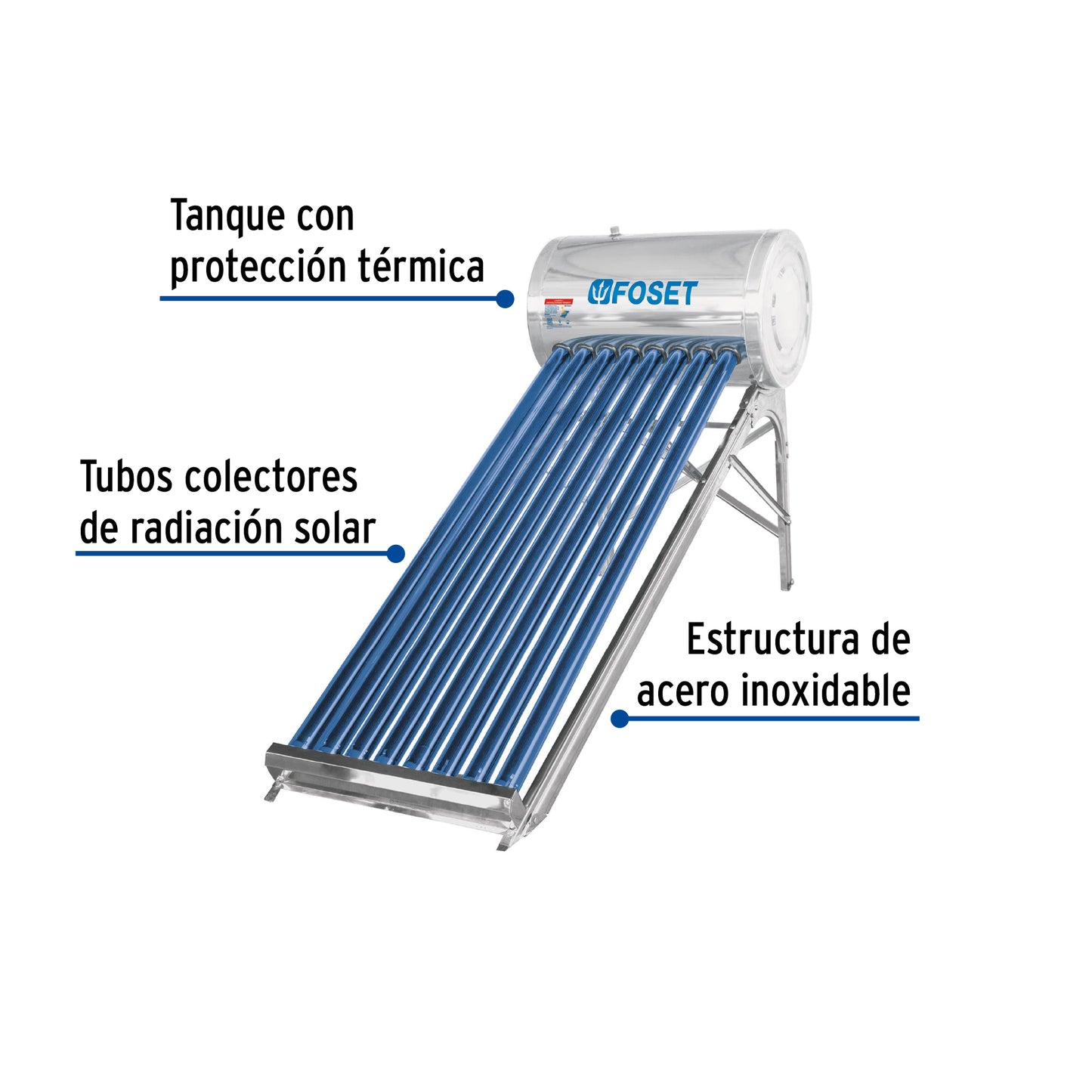 Calentador solar de agua, 8 tubos, 94L, 2 personas, FOSET