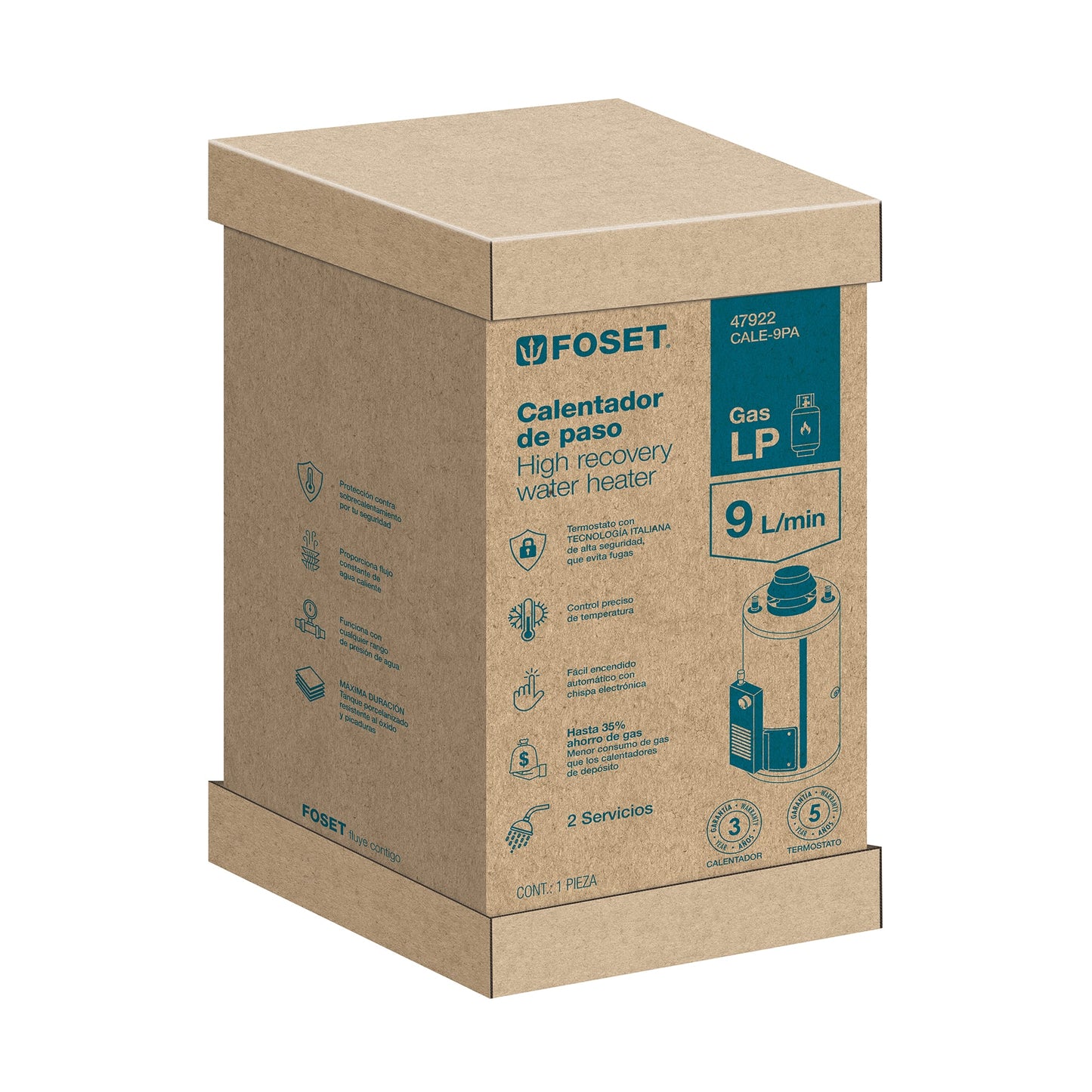 Calentador de paso, rápida recup, 9L, 2 serv, gas LP, FOSET