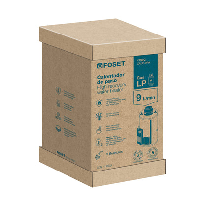 Calentador de paso, rápida recup, 9L, 2 serv, gas LP, FOSET