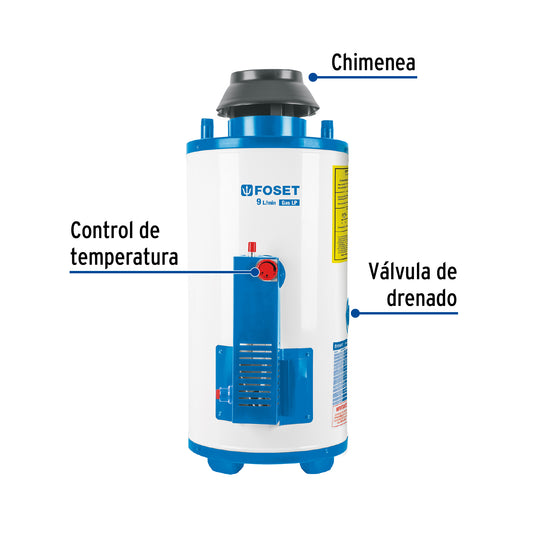 Calentador de paso, rápida recup, 9L, 2 serv, gas LP, FOSET