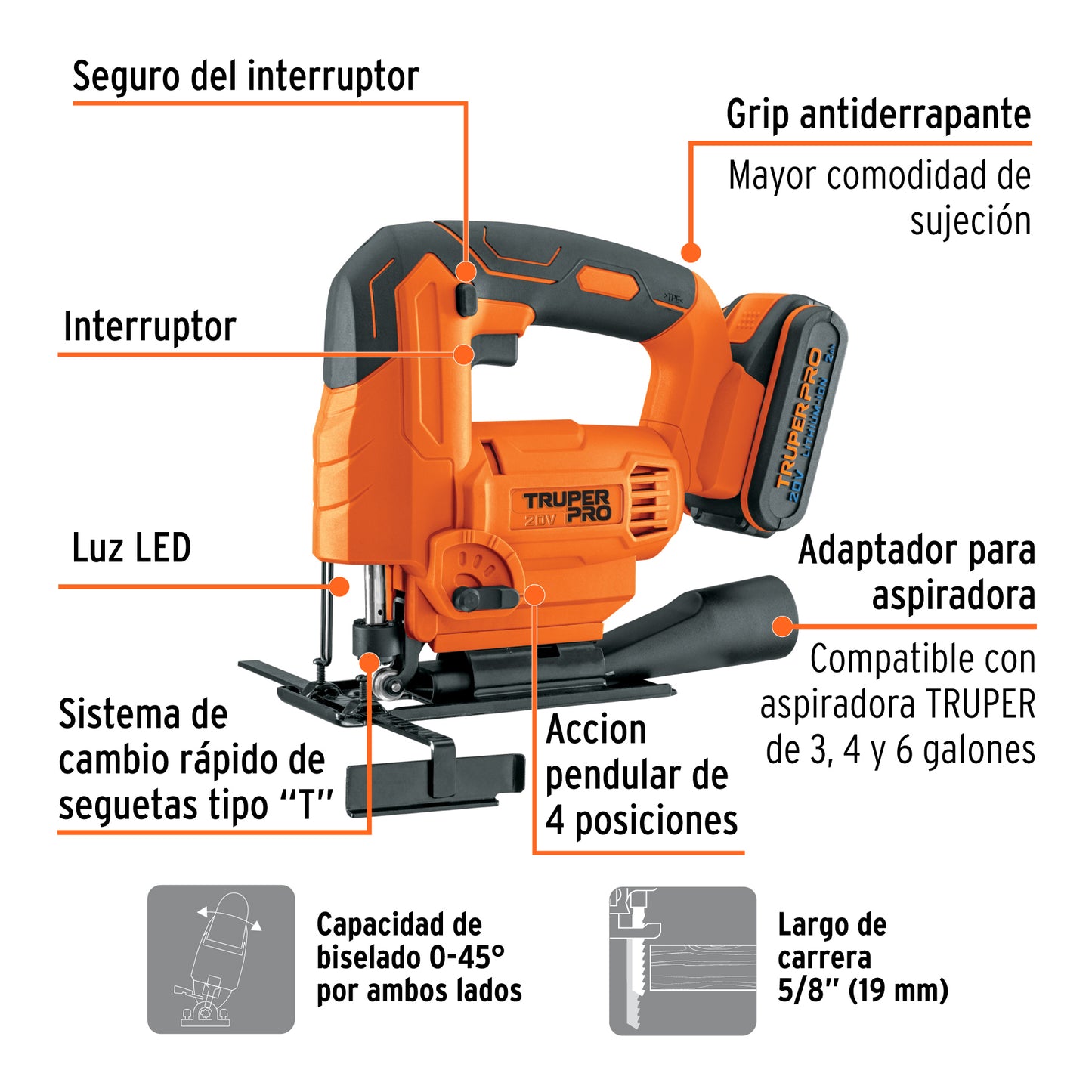 Sierra Caladora 20V TRUPER PRO con Batería 2Ah - Herramienta Inalámbrica Profesional