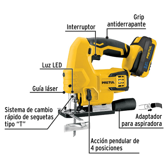 Sierra Caladora Inalámbrica 20V con Batería 2Ah y Guía Láser - PRETUL Profesional